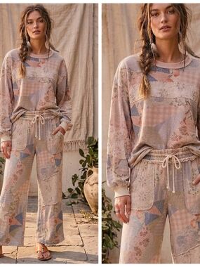 easel Patchwork-Print Cozy Lounge Set in Pink & Cream